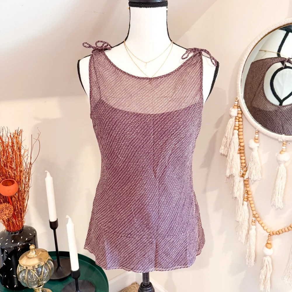 Ann Taylor Silk Purple Patterned Sleeveless Tank Top w/ Shoulder Ties - Picture 1 of 6